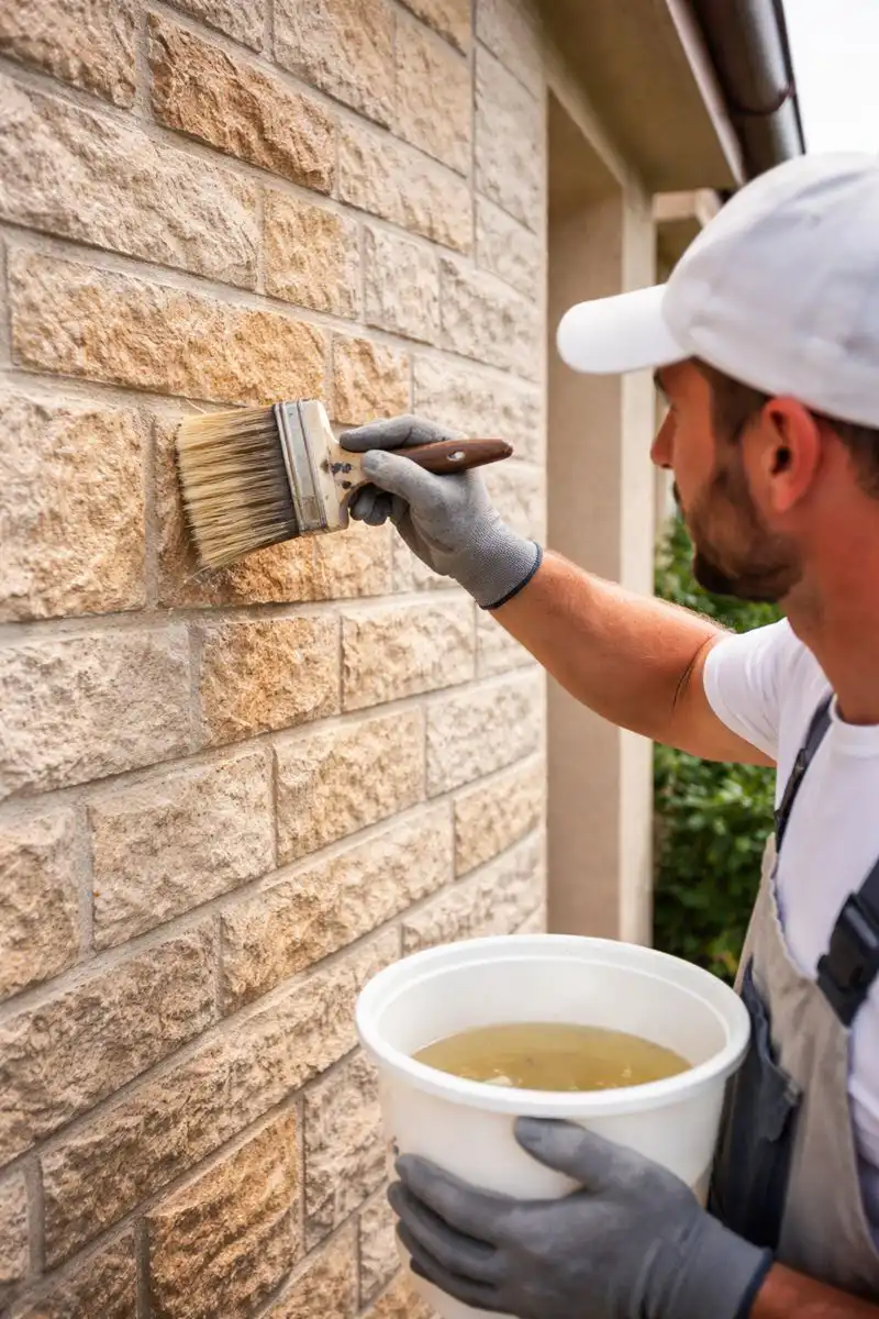 Artisan appliquant un traitement protecteur sur une façade extérieure pour assurer durabilité et qualité esthétique